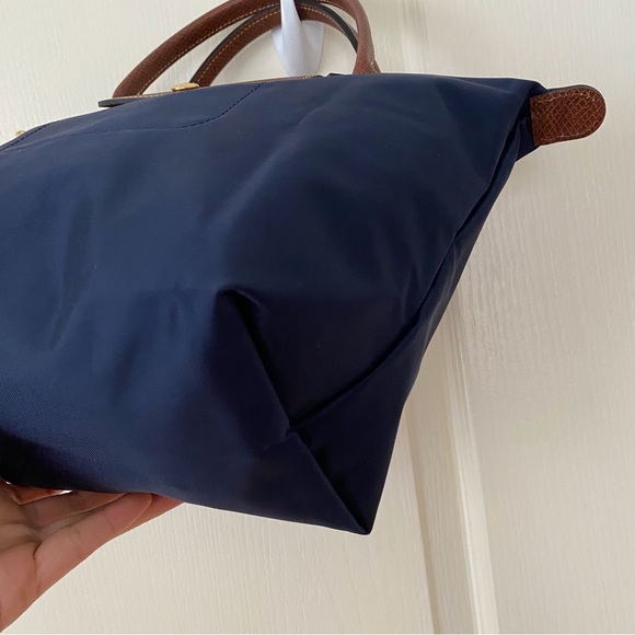 $150 Longchamp Le Pliage Navy Blue Nylon Brown Leather Tote Satchel Bag - Picture 8 of 16